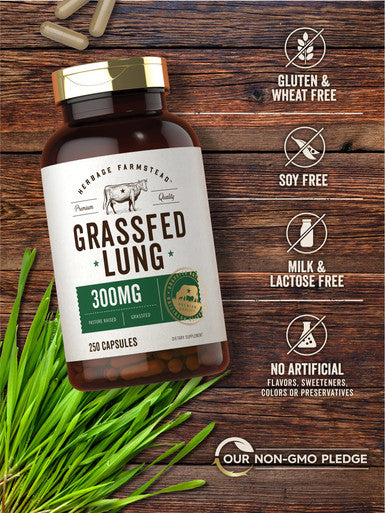Grass Fed Beef Lung Capsules With Liver | 600Mg | 250 Count | Non-Gmo, Pasture Raised | By Herbage Farmstead