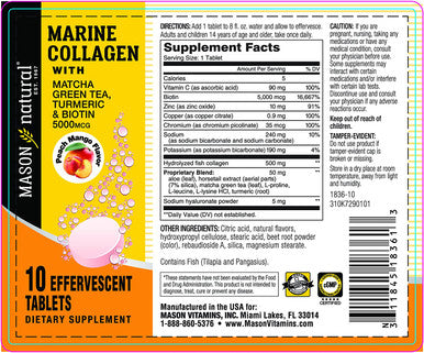 Mason Natural Marine Collagen with Matcha Green Tea, Turmeric and Biotin - Healthy Hair, Skin and Nails and Joints, Powerful Antioxidant, 10 Effervescent Tablets