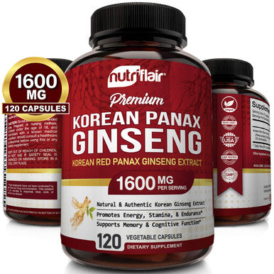 NutriFlair Korean Red Panax Ginseng 1600mg 120 Vegan Capsules High Potency Ginseng Root 5% Ginsenosides Extract Powder Supplement Energy Focus Vigor Performance Pills for Women and Men Non-GMO