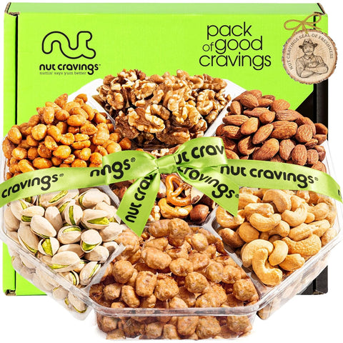 NUT CRAVINGS - Purim Mishloach Manot Mixed Nuts Gift Basket + Green Ribbon (7 Assortments, 1 LB) Ramadan Gifts Treats for Adults, Food Arrangement, Healthy Snack Care Package, Kosher