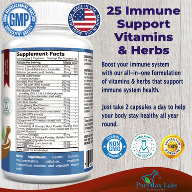YUMMYVITE Immune Support Formula - 25 Immune Support Vitamins & Herbs, Including Graviola, Selenium, Green Tea, Slippery Elm, Vitamin C, Tumeric - 60 Capsules