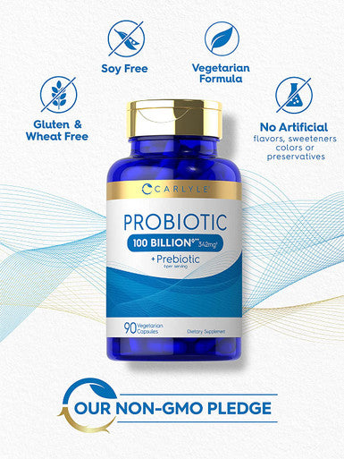 Carlyle Probiotics 100 Billion CFU | 90 Capsules | with Prebiotics for Women & Men | Vegetarian, Non-GMO & Gluten Free Supplement