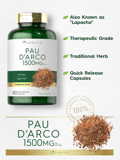 Carlyle PAU D'Arco Capsules | 1500mg | 180 Count | Non-GMO Gluten | Herbal Supplement