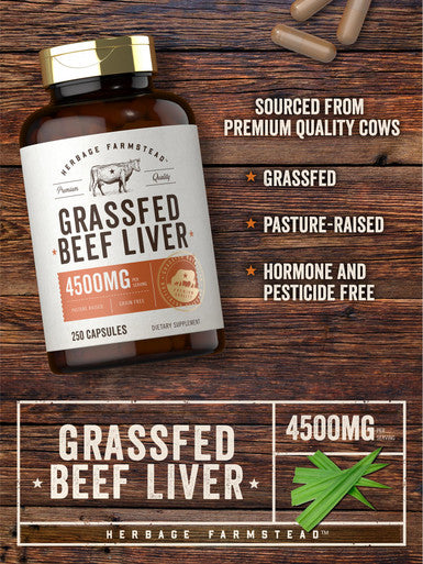 Grassfed Beef Liver Capsules 4500mg | 250 Count | Desiccated Supplement | Non-GMO, Gluten Free | by Herbage Farmstead
