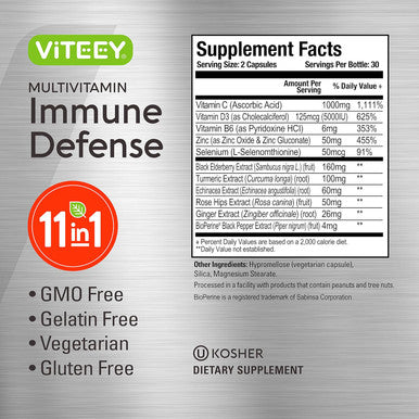11 In 1 Multivitamin Immune Defense Supplement - Immune Booster Capsules With Vitamin D3, Vitamin B6, Echinacea, Turmeric, Rose-Hips, Selenium, Bioperine, Ginger, Elderberry Vitamin C And Zinc