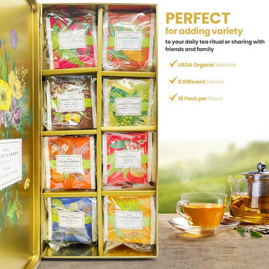 Elephant Park Premium Organic Tea Bag 80 Pack Sampler Designer Tin Book Set 10 Per Flavor Assorted Variety Exotic Fruit Herbal Black And Green Teas Individually Wrapped (8 Flavors)