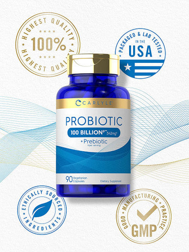 Carlyle Probiotics 100 Billion CFU | 90 Capsules | with Prebiotics for Women & Men | Vegetarian, Non-GMO & Gluten Free Supplement