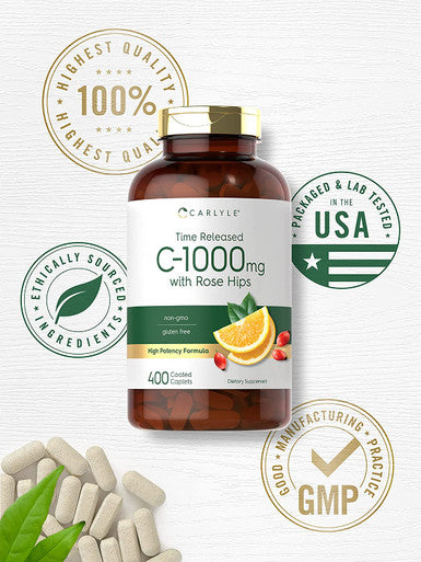 Carlyle Vitamin C 1000mg with Rose Hips | 400 Caplets | Vegetarian | Non-GMO & Gluten Free Supplement