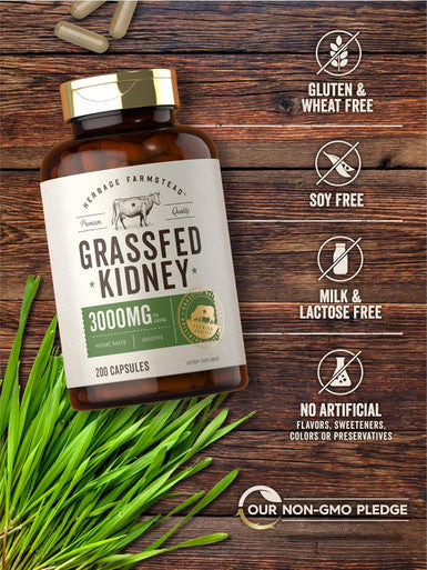 Carlyle Grass Fed Beef Kidney Supplement | 200 Capsules | 3000mg | Pasture Raised Desiccated Bovine Supplement | Hormone and Pesticide | Non-GMO Gluten | by Herbage Farmstead