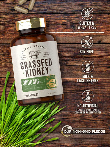 Grassfed Beef Kidney Capsules | 200 Count | 3000mg | Pasture Raised Desiccated Bovine Supplement | Hormone and Pesticide Free | Non-GMO, Gluten Free | by Herbage Farmstead