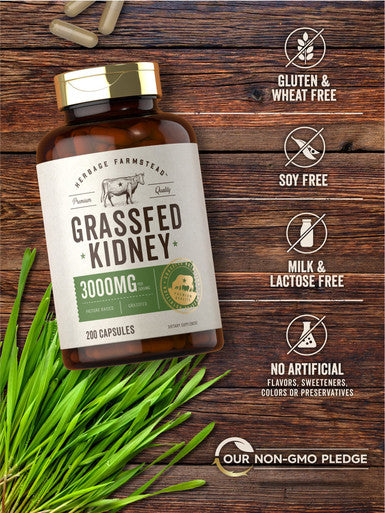 Grass Fed Beef Kidney Capsules | 200 Count | 3000Mg | Pasture Raised Desiccated Bovine Supplement | Hormone And Pesticide Free