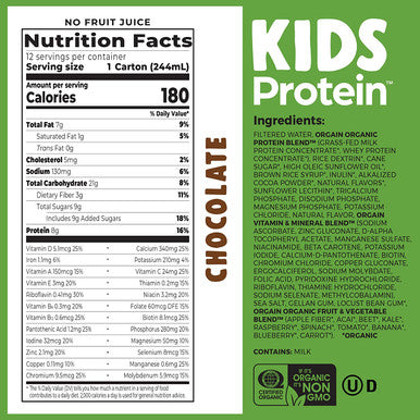 Orgain Organic Kids Protein Nutritional Shake Chocolate 8g of Protein 22 Vitamins Minerals Fruits Vegetables Gluten Soy NonGMO 8.25 Fl Oz Pack of 12