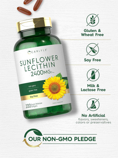 Carlyle Sunflower Lecithin Softgel Capsules | 2400mg | 200 Count | Rich in Phosphatidyl Choline | Non-GMO Soy Gluten Supplement