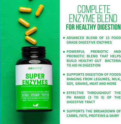 Super Enzymes Supplement 15 Vegan PlantBased Digestive Enzymes with Prebiotics Probiotics Bioperine Supports Gut Health Gluten Digestion Lactose Absorption Leaky Gut 60 Veggie Capsules