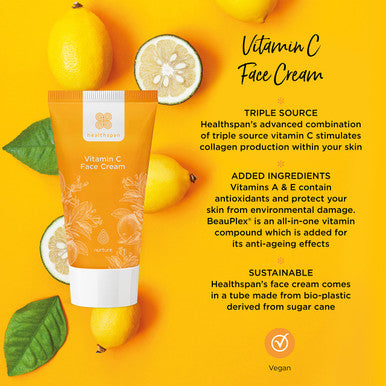 Healthspan Vitamin C Gel Face Cream (50ml) | Triple Source Vitamin C | Vitamins A & E | Hydrate & Boost Skin Radiance | Reduce Appearance of Fine Lines & Wrinkles | Support Collagen Formation | Vegan