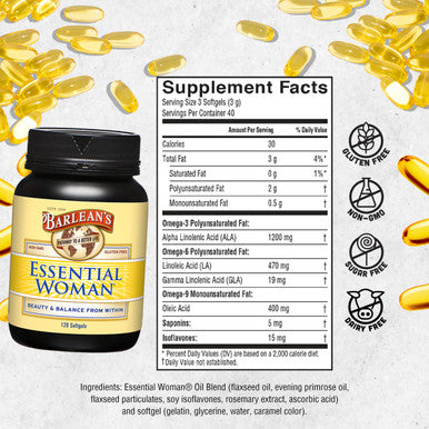Barlean's Essential Woman Capsules Hormonal Balance Supplement For Women Flaxseed Evening Primrose Oil & Soy Isoflavones Omega 3 6 9 And Gla For Healthy Hair And Skin 120 Count