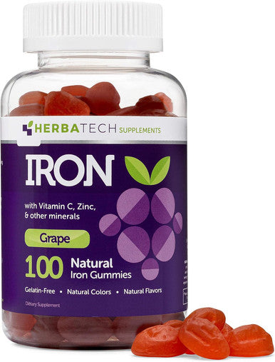 Iron Gummies For Adults And Kids, Chewable Multivitamin Supplement With Iron, Vitamin C, A, B, Zinc, Folic Acid, And Biotin (Grape Flavored) Vegan Safe, Made In The Usa From Herbatech
