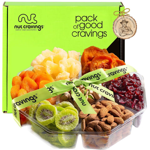 NUT CRAVINGS - Purim Mishloach Manot Mixed Nuts Gift Basket + Green Ribbon (7 Assortments, 1 LB) Ramadan Gifts Treats for Adults, Food Arrangement, Healthy Snack Care Package, Kosher