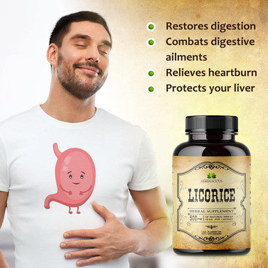 Herbalicious Licorice Root Extract - Glycyrrhiza Glabra - Organic Herbal Supplement for Digestion Restore Respiratory Health Fatigue & Immunity Support DGL Tablets Gluten - 100 Capsules