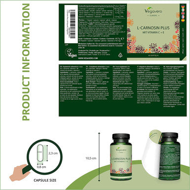 L-Carnosine 500mg VegaveroÃƒâ€šÃ‚Â® | Premium Formula with Natural Vitamin C & E | NO Additives | 60 Vegan Capsules