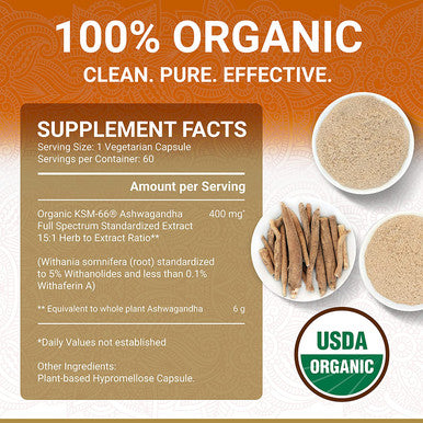 Organic Ashwagandha Capsules KSM66 Ashwagandha KSM 66 USDA Organic Ashwagandha Organic Ashwagandha Root Ashwagandha Extract 100 Natural KSM66 Ashwagandha Supplements 60 Easy Eat Pills