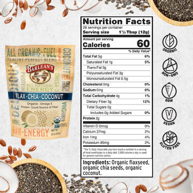 Barlean's Organic Flax Chia And Coconut Seed Blend Vegan Usda Organic Non Gmo Gluten Free 12 Ounces