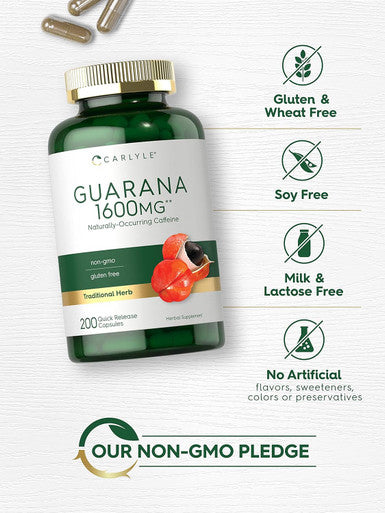 Carlyle Guarana Extract Capsules | 1600mg | 200 Count | Non-GMO Gluten Extract | Naturally Occurring Caffeine
