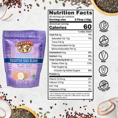 Barlean's Organic Digestive Seed Blend Fiber Supplement With Whole Chia Ground Flax And Pumpkin Seeds Quinoa And Coconut Rich In Omega 3 & Dietary Fiber 12 Oz