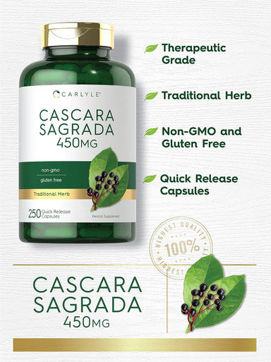 Carlyle Cascara Sagrada Capsules | 450 mg | 250 Count | Herbal Supplement | Non-GMO Gluten