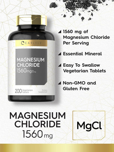 Carlyle - Magnesium Chloride | 1560mg | 200 Tablets | Cloruro de Magnesio Supplement | Vegetarian Non-GMO and Gluten Formula
