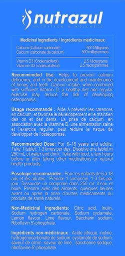 Nutrazul Calcium + Vitamin D3 Effervescent Tablets-Lemon-Lime 20A's | 20 Days Supply | Gluten Free, Sugar Free, Lactose Free & Preservative Free
