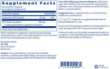Klaire Labs CDP Choline 250mg - Soy- Choline Supplements - Cognizin Citicoline to Help Support Memory, Focus & Attention - Bioavailable Active Form, Hypoallergenic (60 Capsules)