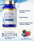 Carlyle Biotin 10000mcg | 500 Fast Dissolve Tablets | Max Strength | Vegetarian Non-GMO Gluten Supplement