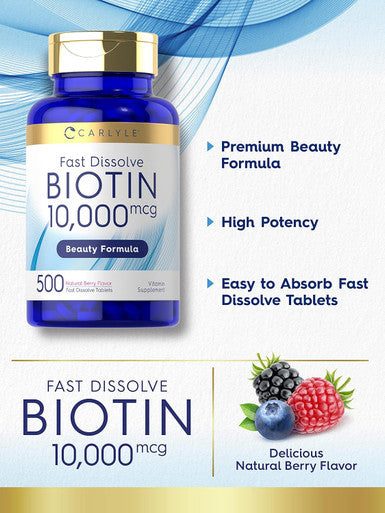 Carlyle Biotin 10000mcg | 500 Fast Dissolve Tablets | Max Strength | Vegetarian Non-GMO Gluten Supplement