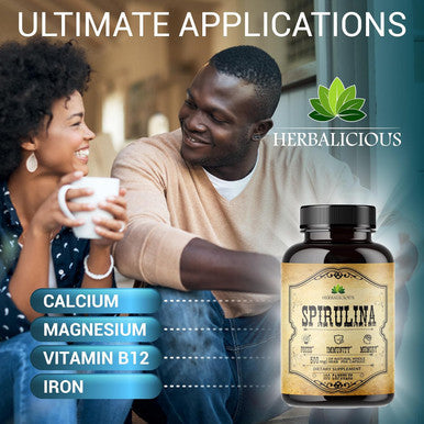 Herbalicious Spirulina Capsules - Natural Daily Superfood Supplement-Blue Green Algae Extract with B Vitamins Iron Amino Acid&Antioxidants to Support Immune System Function Total Body Cleanse 100 Capsules