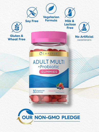 Adult Multivitamins Gummies | with Probiotic | 30 Count | Berry Punch Flavor | Vegetarian, Non-GMO, Gluten Free Supplement | by Carlyle