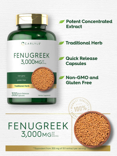 Carlyle Fenugreek Capsules 3000 Mg | 300 Count | Non-Gmo & Gluten Free Extract | Fenugreek Seeds