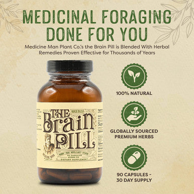 Medicine Man Plant Co The Brain Pill 90 Capsules Organic Brain Booster Supplement - Memory Pills For Brain W/ Ginkgo Biloba Capsules, Lion S Mane & Sage - Brain Booster Supplement For Focus, Memory, Clarity, Energy