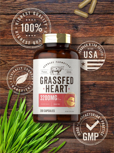 Carlyle Grass Fed Beef Heart Supplement | 3200mg | 200 Count | Desiccated Pasture Raised Bovine Capsules | Non-GMO Gluten | by Herbage Farmstead