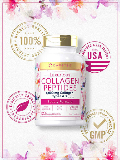 Collagen with Vitamin C | 6000mg | 120 Capsules | Multi Collagen Peptide Pills | Type 1 and 3 | Non-GMO, Gluten Free, Grass Fed | Carlyle