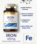 Iron Ferrous Sulfate 65 Mg | 400 Tablets | Non-Gmo, Gluten Free, And Vegetarian Supplement | High Potency | By Carlyle