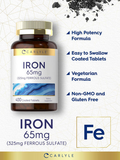 Iron Ferrous Sulfate 65 Mg | 400 Tablets | Non-Gmo, Gluten Free, And Vegetarian Supplement | High Potency | By Carlyle