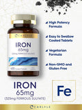 Iron Ferrous Sulfate 65 Mg | 400 Tablets | Non-Gmo, Gluten Free, And Vegetarian Supplement | High Potency | By Carlyle