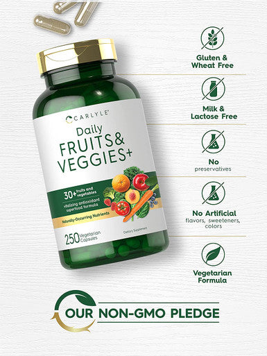 Carlyle Fruits and Veggies Supplement | 250 Capsules | Made with 32 Fruits and Vegetables | Vegetarian, Non-GMO, Gluten Free Superfood Formula