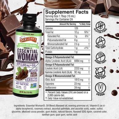 Barlean's Essential Woman Chocolate Mint Blend From Flax Oil With Omegas 3 6 And 9 And Gla Vegan Non Gmo Gluten Free 16 Ounces Fg-10056