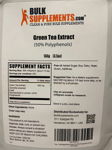 BulkSupplements Green Tea Extract Powder (50% Polyphenols) - Green Tea Supplement for Antioxidants Support - - 500mg , 200 Servings (100 Grams - 3.5 oz)