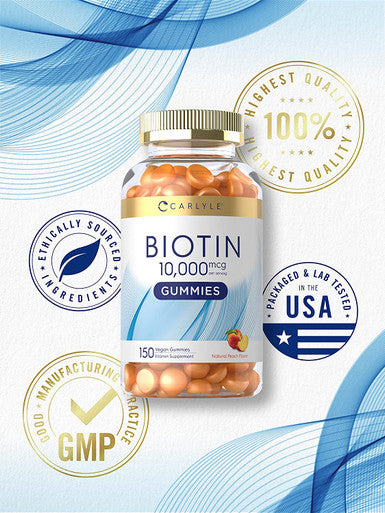 Carlyle Biotin 10000Mcg Gummies | 150 Count | Peach Flavor Supplement | Vegan, Non-Gmo, Gluten Free