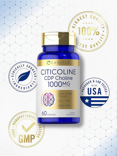 Carlyle Citicoline CDP Choline 1000mg | 60 Capsules | Extra Strength Formula | Non-GMO Gluten Supplement