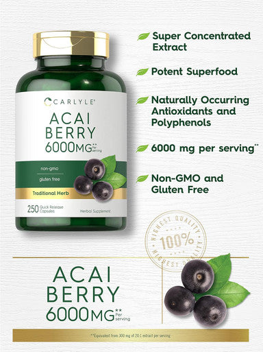 Carlyle Acai Berry Capsules 6000mg | 250 Count | Non-GMO & Gluten Acai Berry Extract