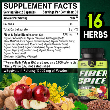 16In1 Fiber And Spice Supplement & Advanced Immune Support - 15000Mg With Organic Psyllium, Whole Apple, Flax Seed & More